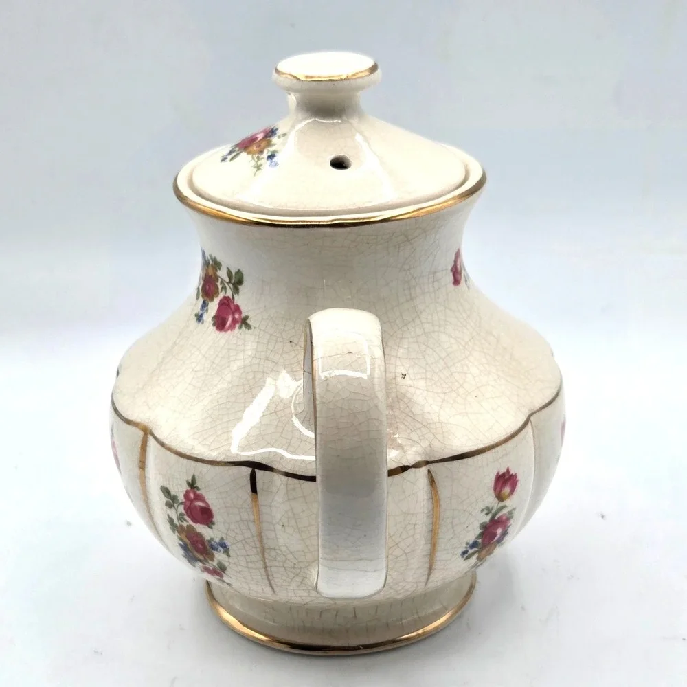 Arthur Wood Donegal TEAPOT with RED Roses and Gold Trim -CRAZING Made in England